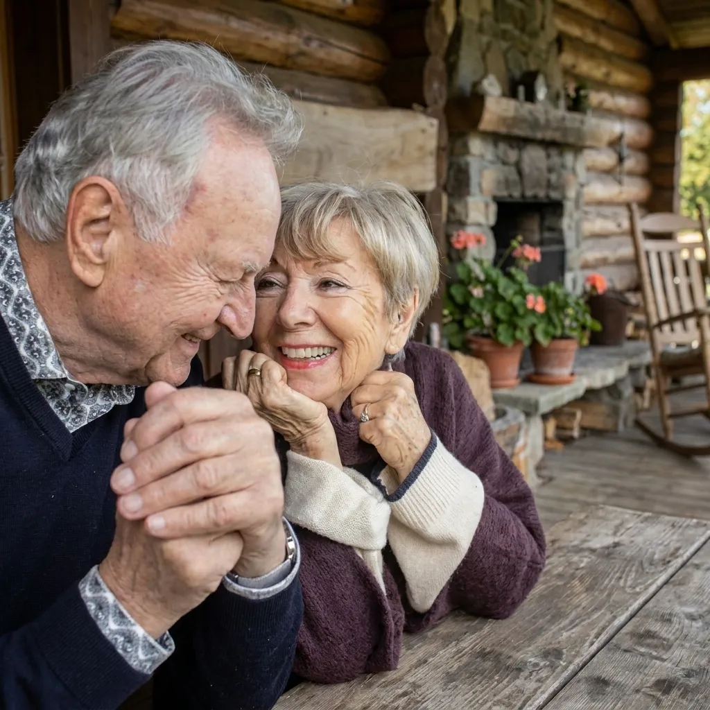 A happy senior couple smiling affectionately and holding hands while relaxing at a wooden table on a rustic log cabin porch.