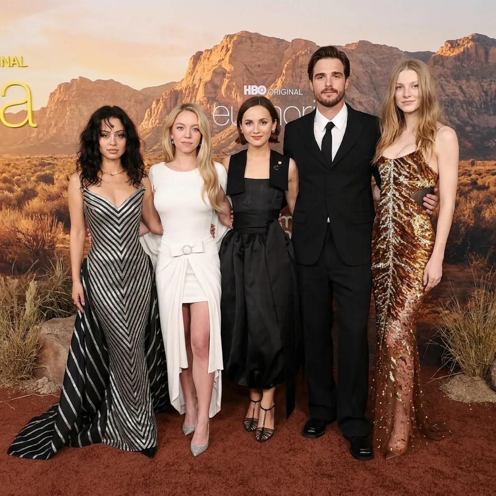 Cast of HBO's Euphoria including Alexa Demie, Sydney Sweeney, Maude Apatow, Jacob Elordi, and Hunter Schafer posing on a desert-themed red carpet.