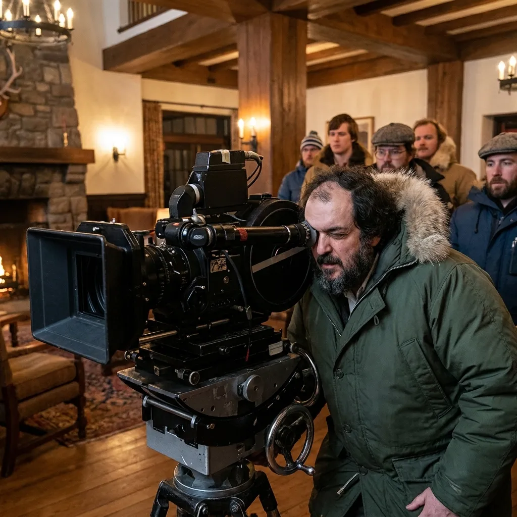 Behind the scenes photograph of director Stanley Kubrick looking through a vintage film camera on the wintery cabin set of The Shining.
