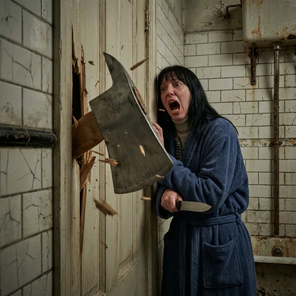 Actress Shelley Duvall looking terrified as an axe breaks through a bathroom door in a classic horror scene from the movie The Shining.