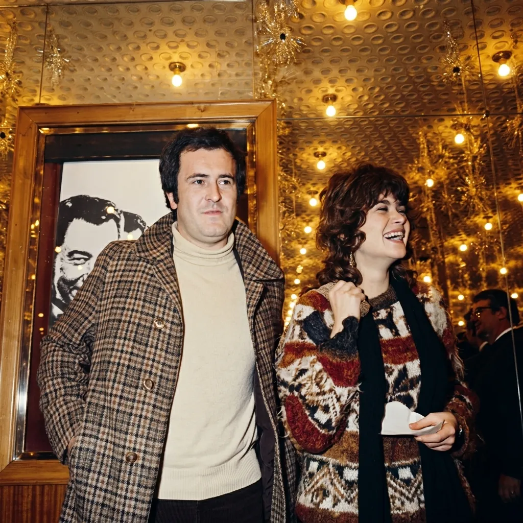 Vintage celebrity photograph of a man in a plaid coat and a laughing woman in a patterned knit sweater attending a classic movie premiere.