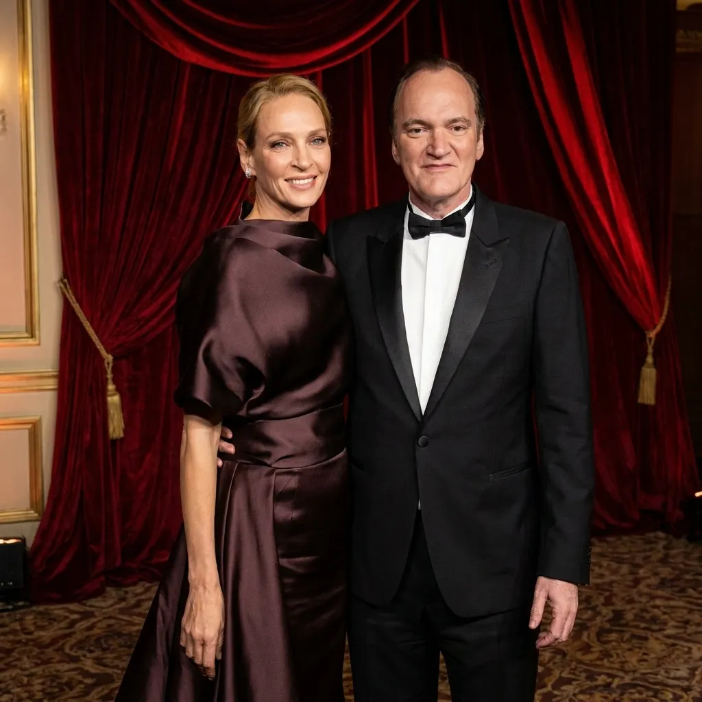 Actress Uma Thurman and director Quentin Tarantino posing together in formal evening wear at a red carpet Hollywood event.