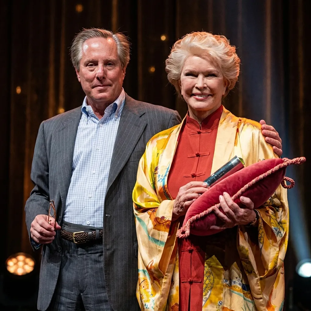 Hollywood veterans presenting an award on stage, featuring a man in a pinstripe suit and a woman in a yellow floral kimono holding a red velvet cushion.