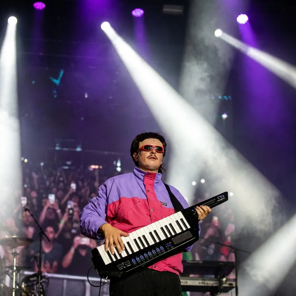 Musician Oliver Tree performing live in concert on stage under bright spotlights, playing a black keytar while wearing a retro purple and pink windbreaker jacket and red-rimmed sunglasses.