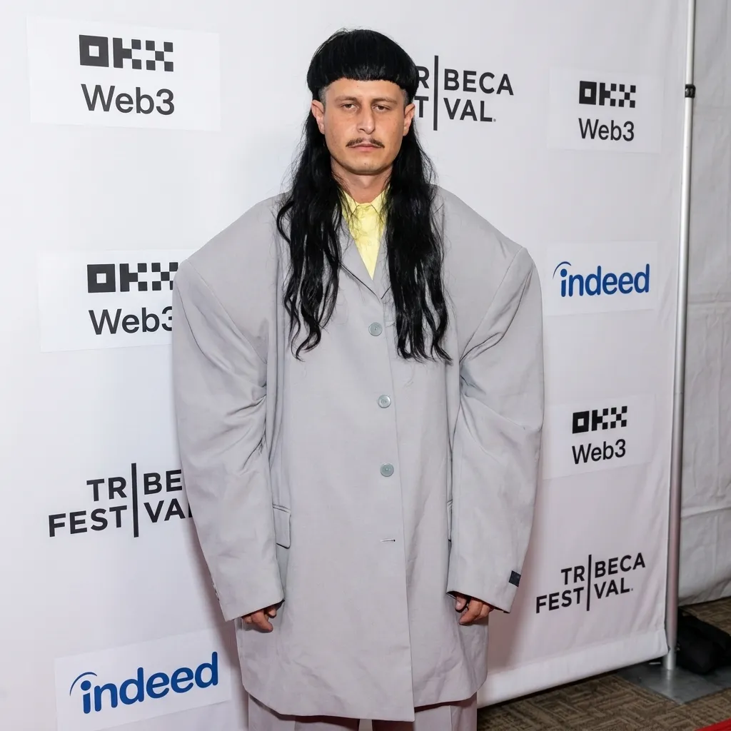 Oliver Tree attending the Tribeca Festival red carpet event, wearing a massive oversized light grey button-down coat over a yellow shirt with his signature long mullet hairstyle.