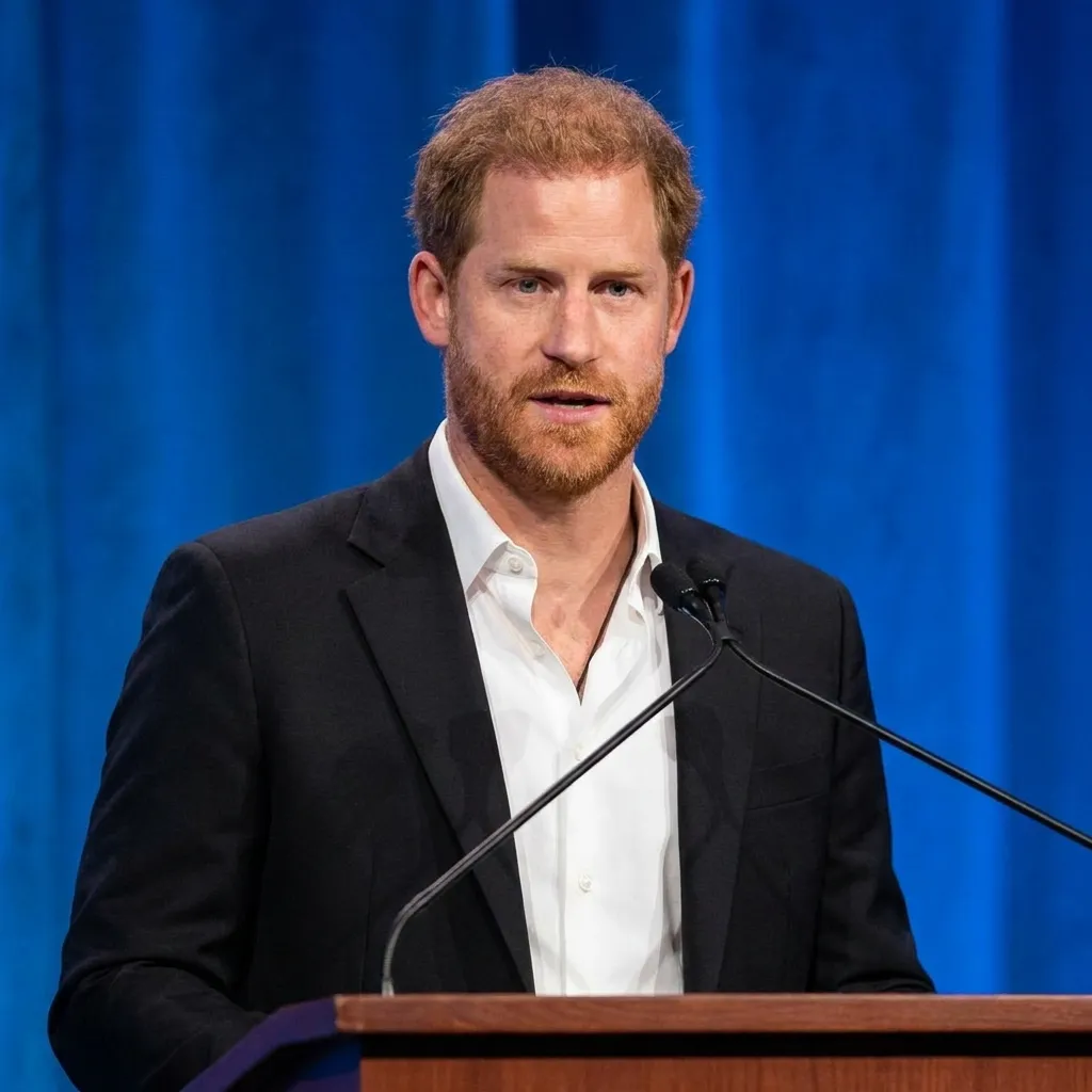 Prince Harry wearing a black suit and white shirt delivering a formal speech at a wooden podium against a blue curtain background