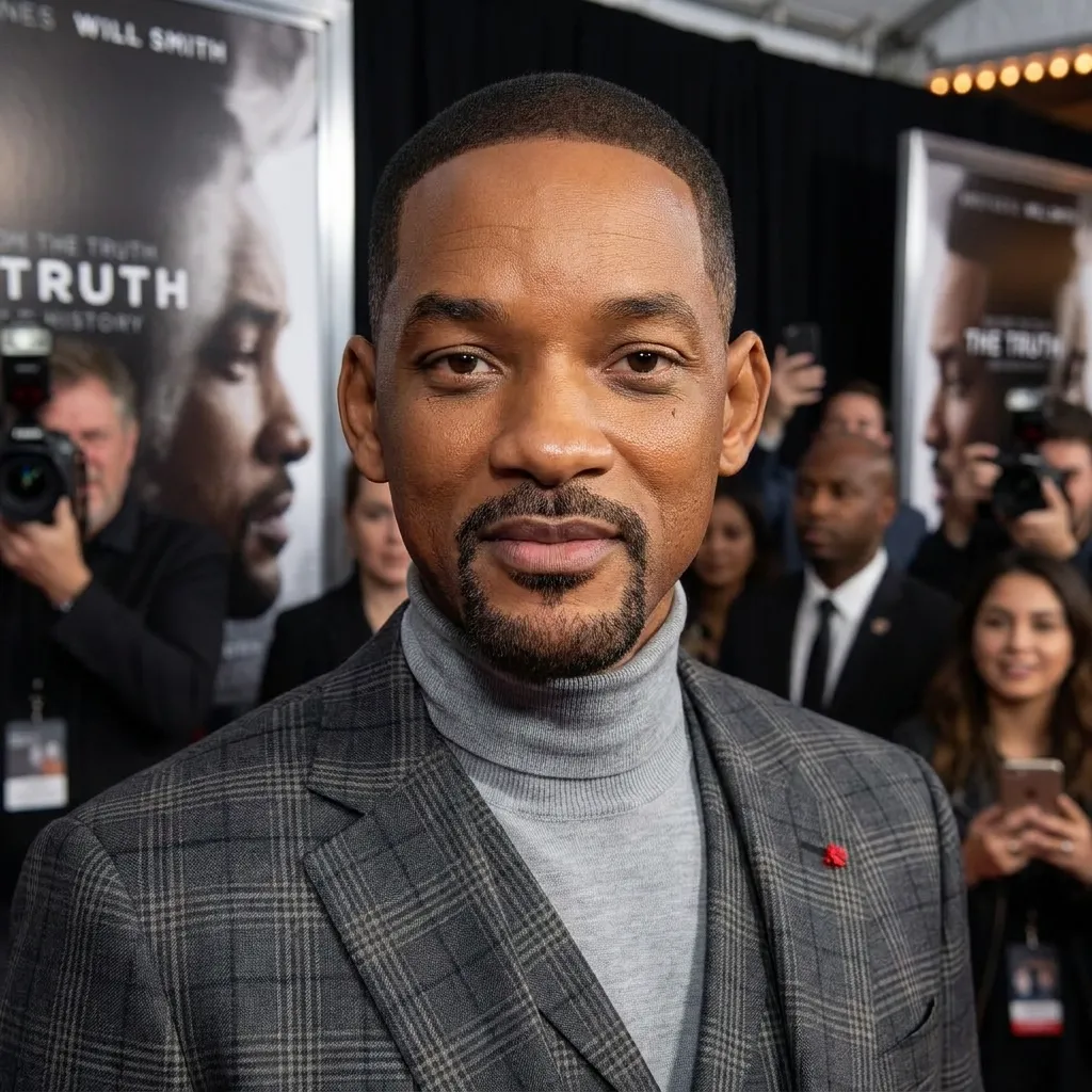 Actor Will Smith wearing a grey plaid suit and matching turtleneck posing for photographers on a movie premiere red carpet