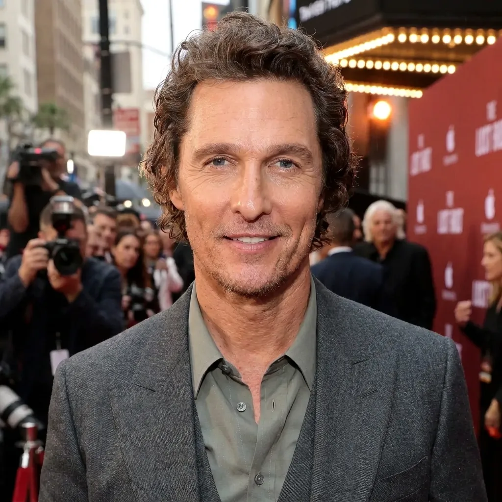 Actor Matthew McConaughey smiling while wearing a grey suit jacket and olive shirt posing on a crowded red carpet with photographers in the background