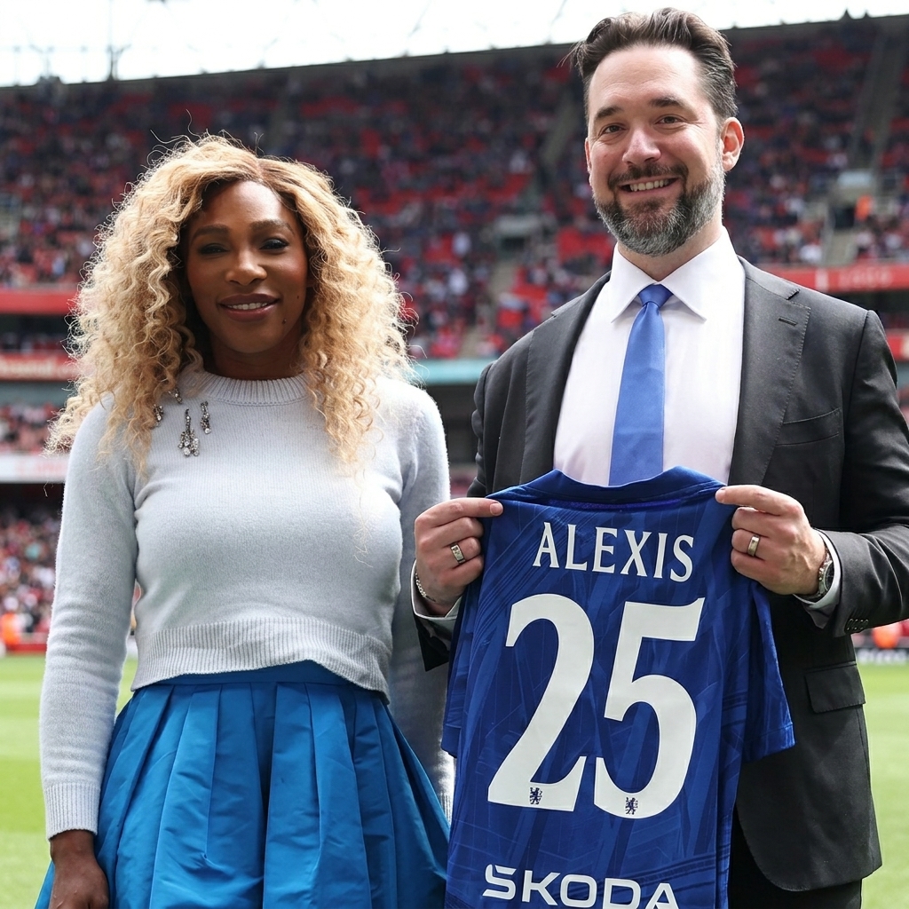 Serena Williams and Alexis Ohanian smiling on a football pitch while holding a custom blue soccer jersey reading Alexis 25.