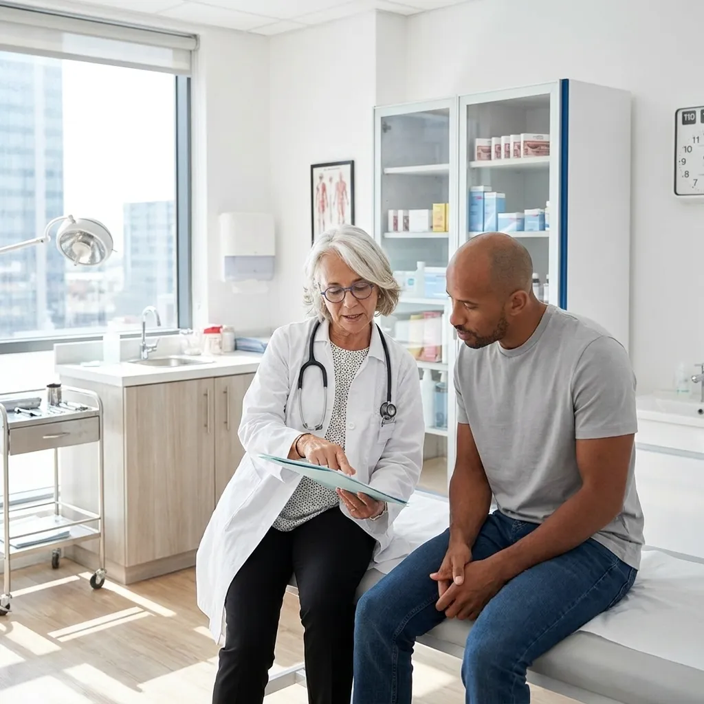 Senior female doctor in white lab coat consulting with adult male patient and reviewing medical chart in modern clinical examination room