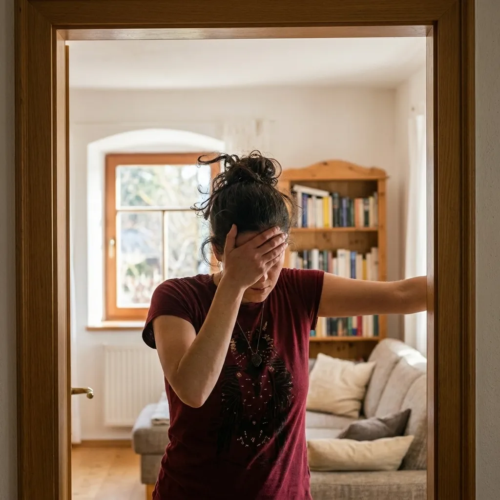 Young woman standing in home doorway holding hand to face experiencing sudden severe headache, dizziness, or migraine symptoms