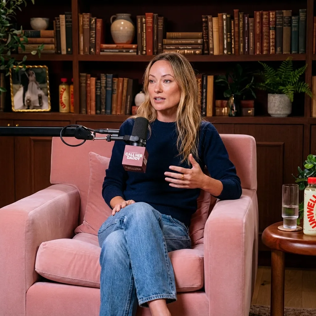 Olivia Wilde speaking into a microphone during a video interview on the Call Her Daddy podcast, wearing a navy blue crewneck sweater and denim jeans while sitting in a pink armchair in front of a wooden bookshelf.