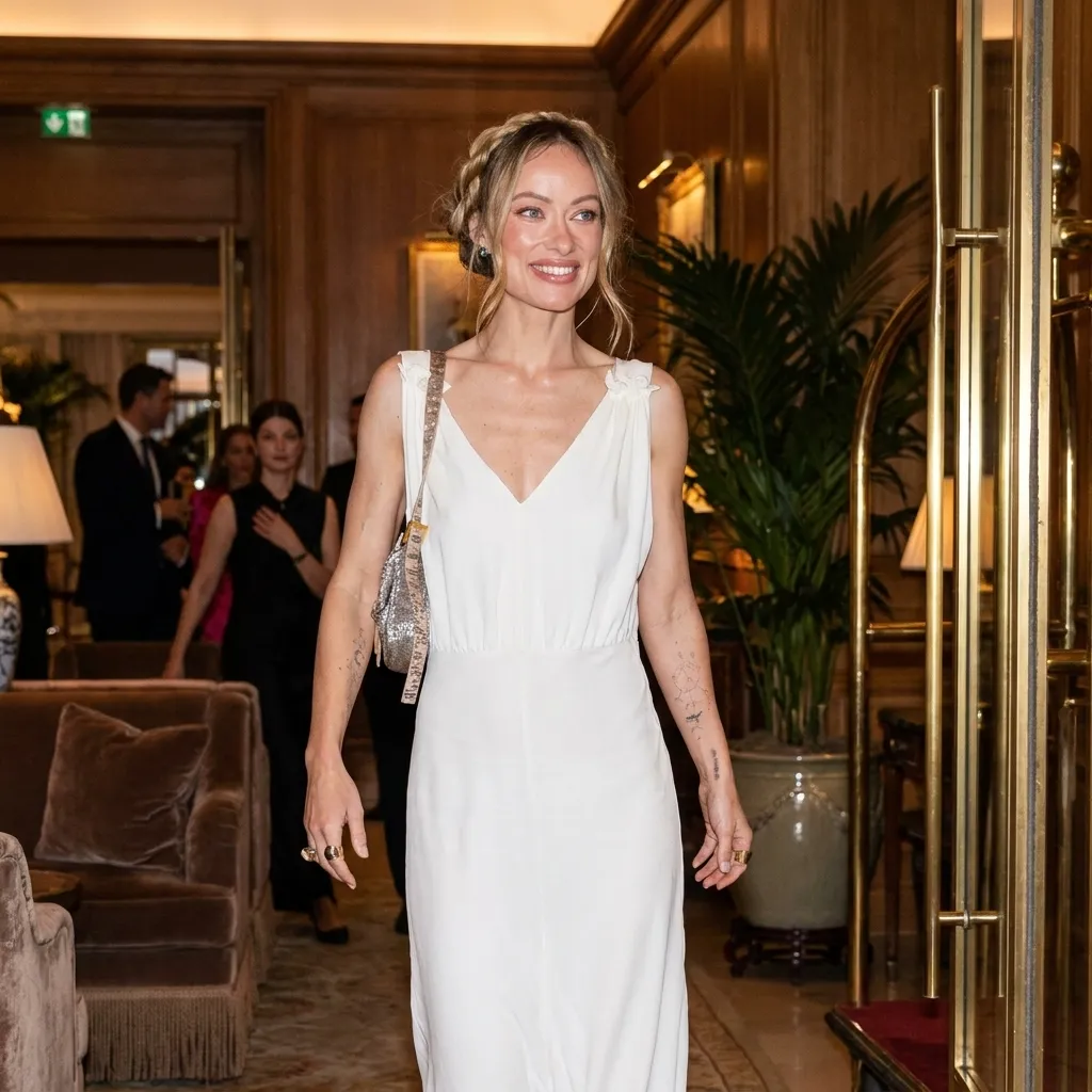 Olivia Wilde smiling and walking through a luxurious hotel lobby wearing a white sleeveless v-neck maxi dress, braided updo, and carrying a silver embellished shoulder bag.
