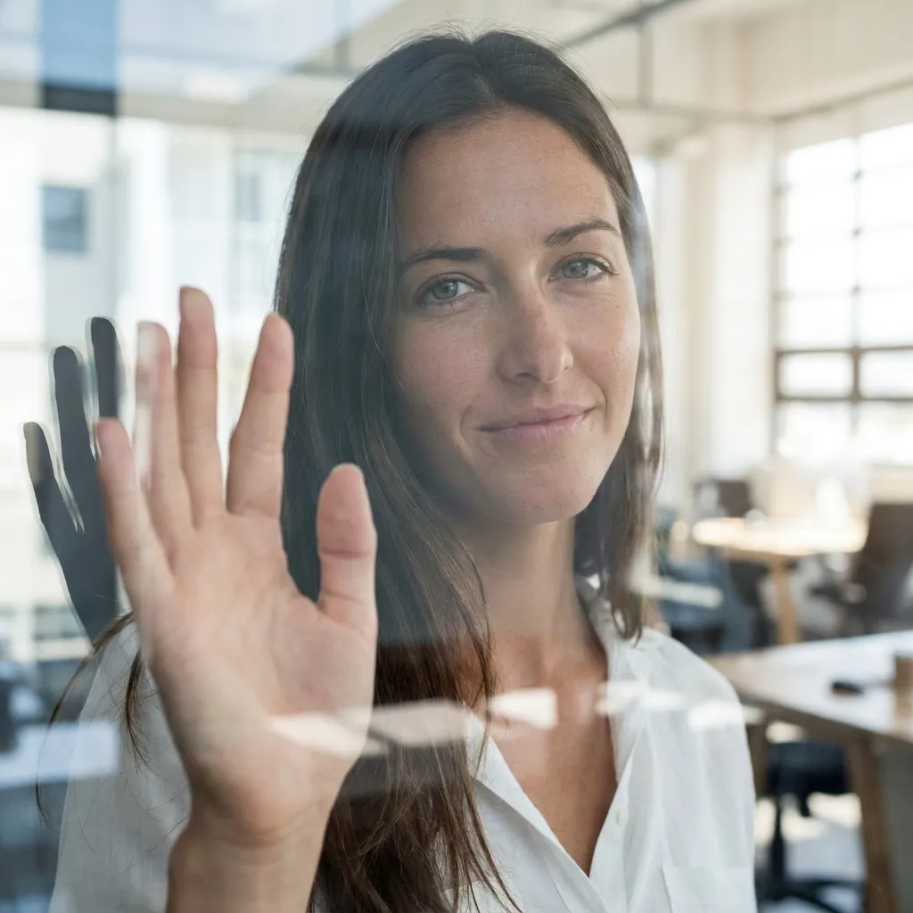 Portrait of a brunette woman smiling gently and pressing her palm against a glass window with reflections in a modern, brightly lit office environment.