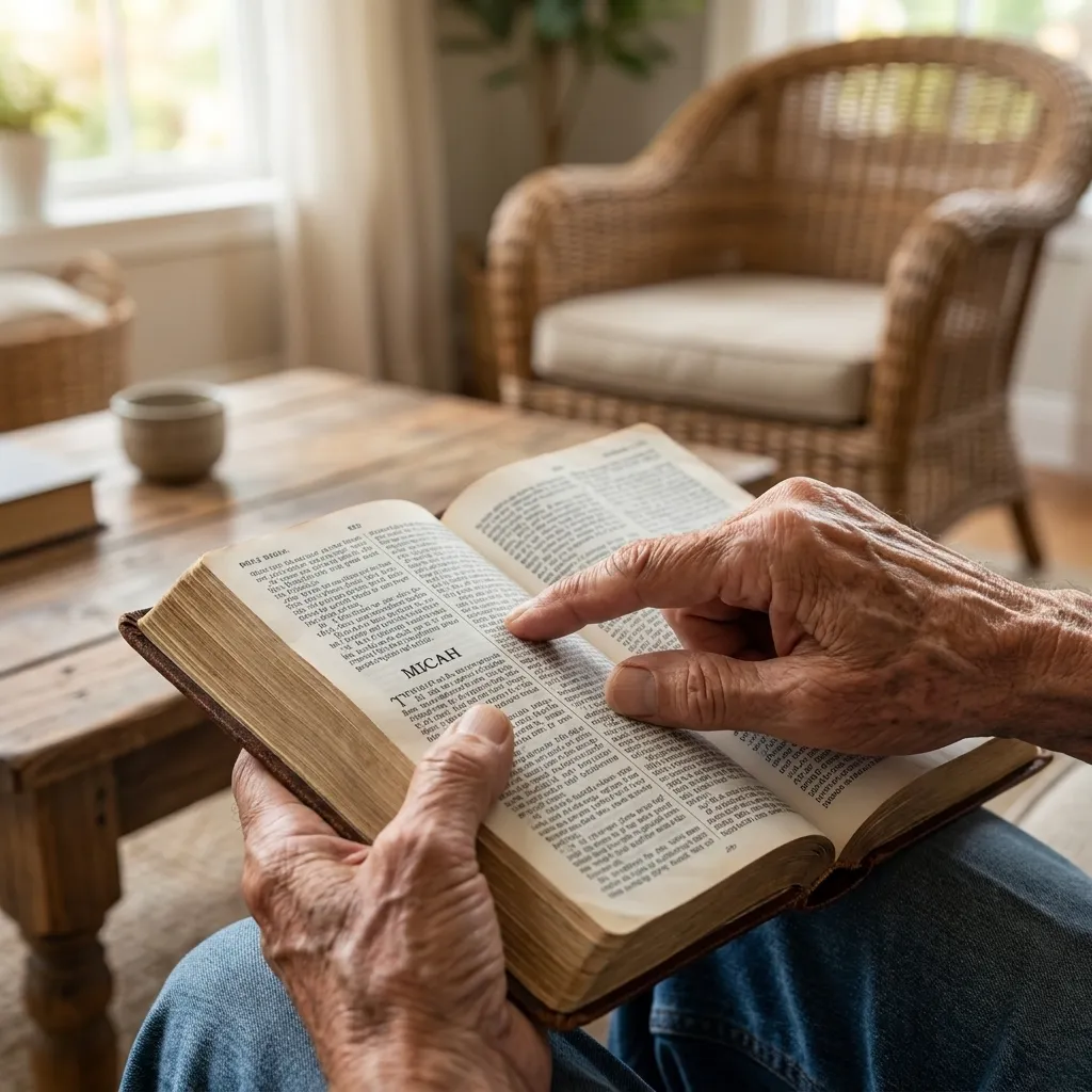 Close-up of elderly wrinkled hands holding open an antique Bible and pointing to the Book of Micah while sitting in a cozy living room chair.