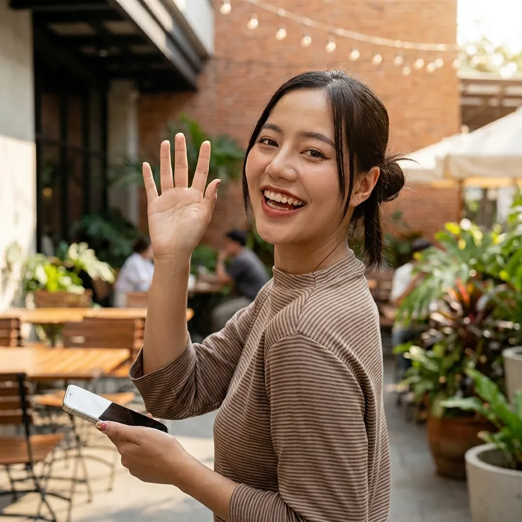 Smiling young woman holding a smartphone and waving cheerfully at the camera while standing in a brightly lit outdoor cafe with green plants.