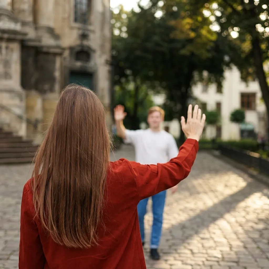 View from behind of a woman with long brown hair in a red jacket waving to a blurred man standing in the distance on a sunlit cobblestone city street.