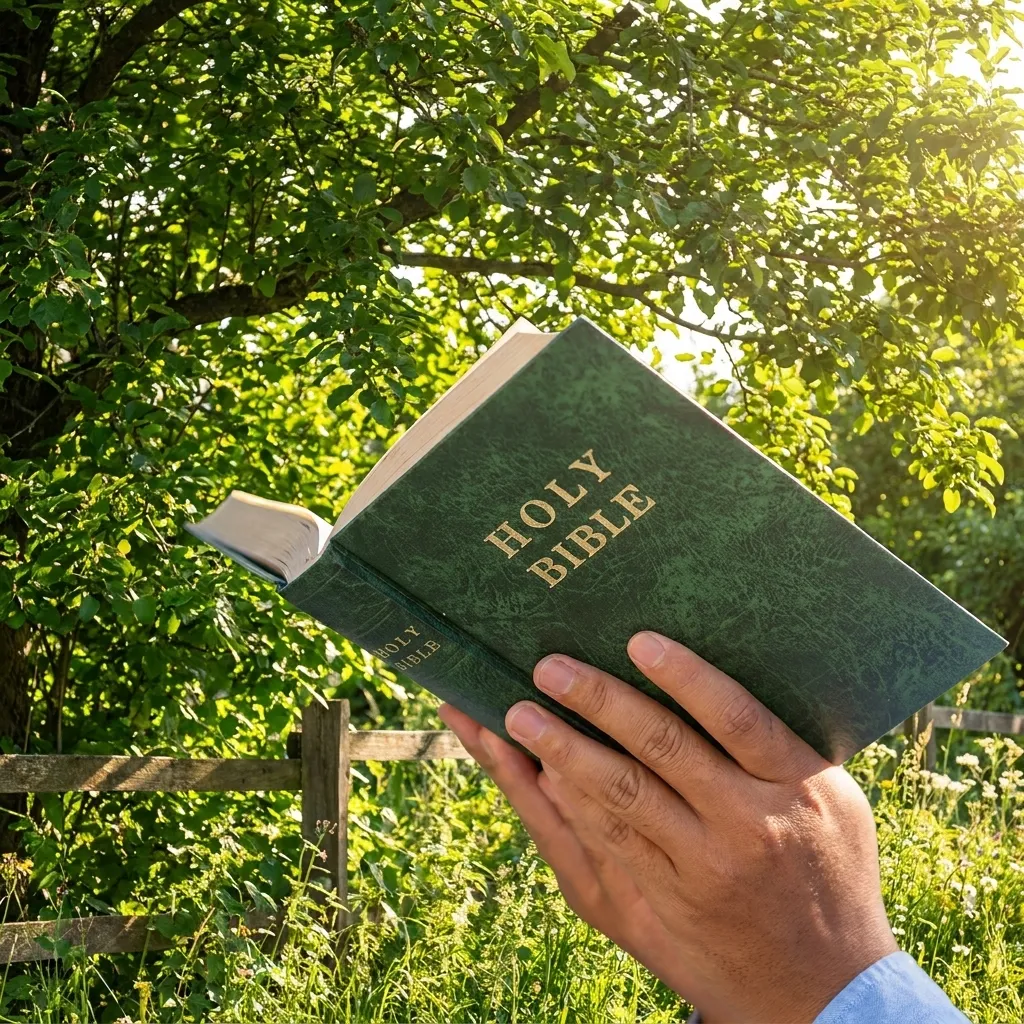 Close-up of hands holding a green hardcover Holy Bible open outdoors against a backdrop of lush green foliage and bright sunlight.