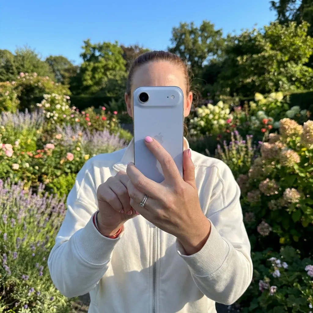"A person wearing a white jacket holding a white smartphone in front of their face to take a picture, set against a background of a lush, sunlit garden filled with flowers.