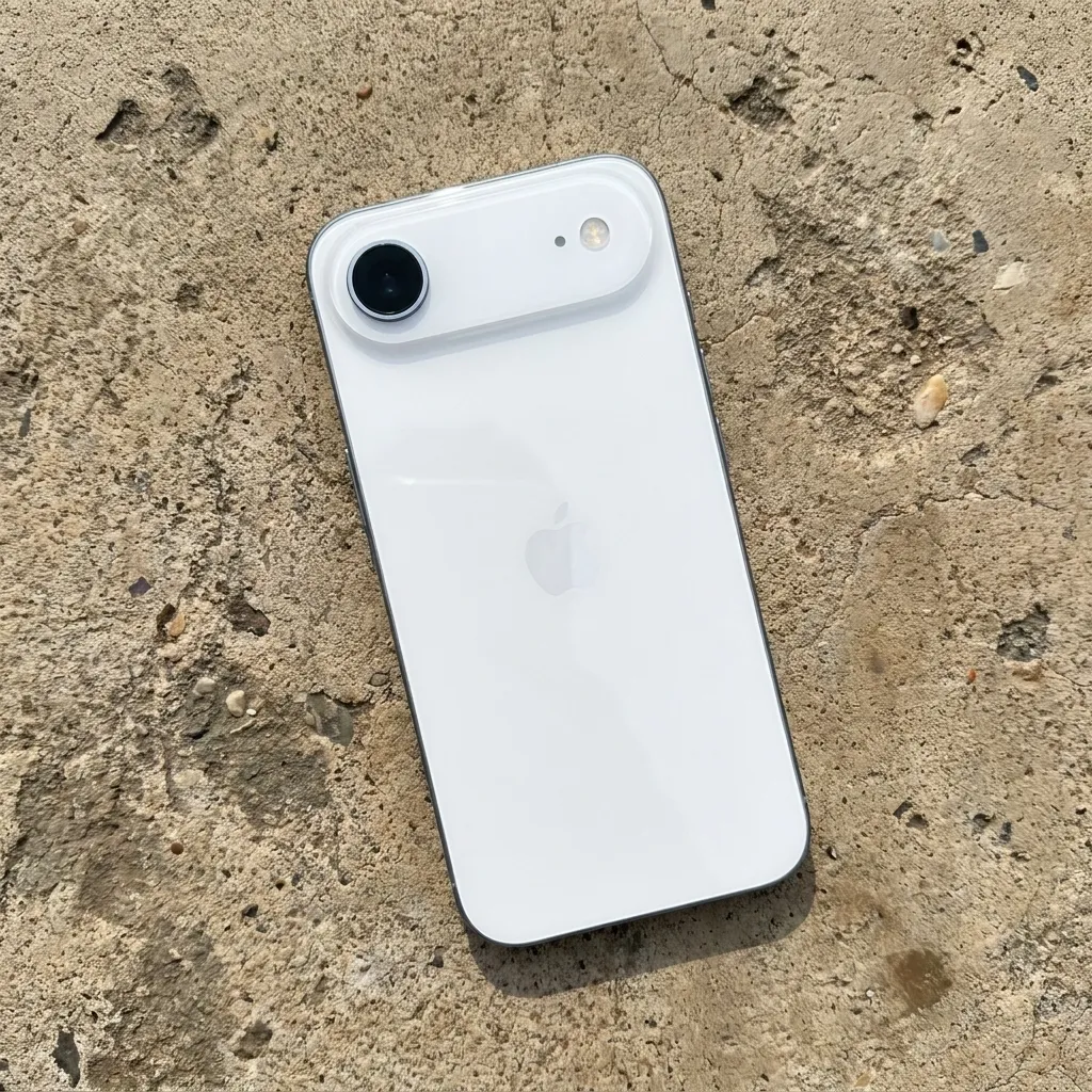 "Back view of a white Apple smartphone featuring a single camera lens in a pill-shaped bump, resting on a rough, textured concrete surface."