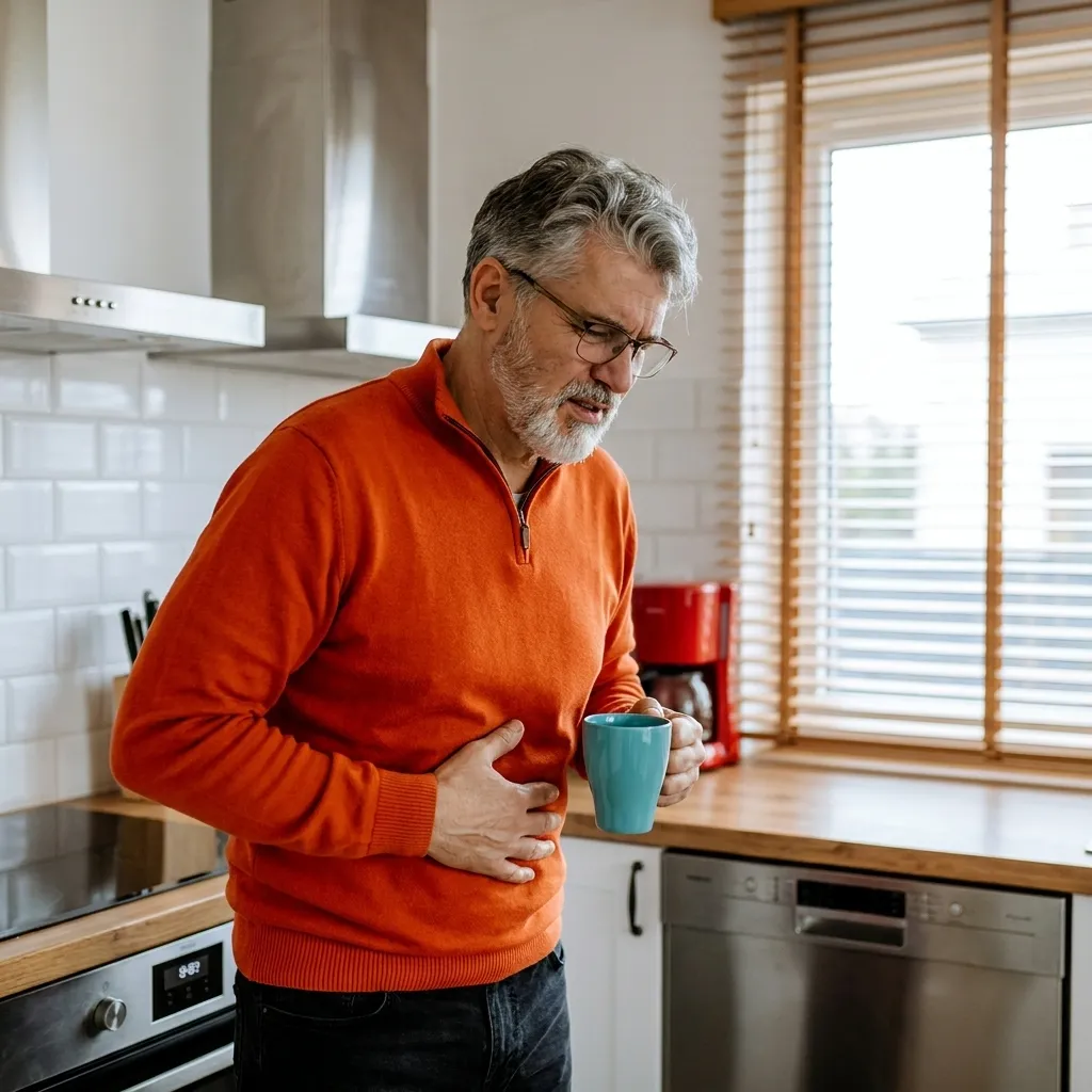 Senior man in a modern kitchen holding a blue mug and gripping his stomach experiencing indigestion or abdominal pain.