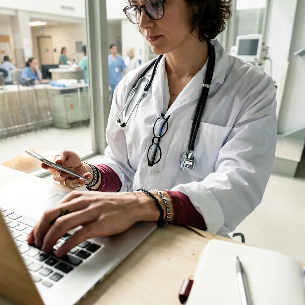 Female doctor wearing a stethoscope and white lab coat multitasking with a smartphone and laptop at a hospital medical station.