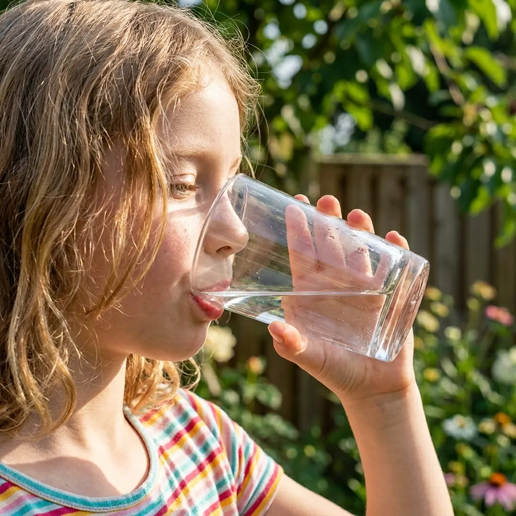 Young girl staying hydrated by drinking a clear glass of water outdoors in a sunny green garden.