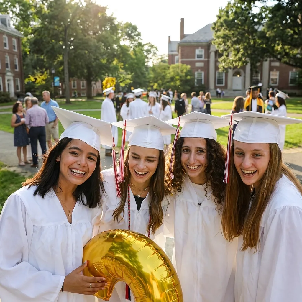 Group of four cheerful female graduates wearing white caps and gowns celebrating outdoors with a gold balloon on a college campus