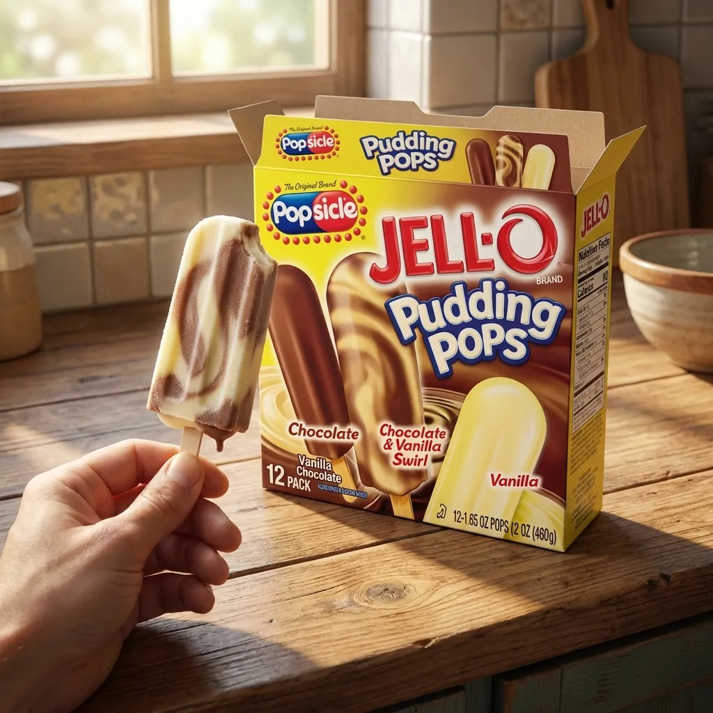Hand holding a partially eaten Jell-O Pudding Pops swirl bar beside the vintage Popsicle variety pack box