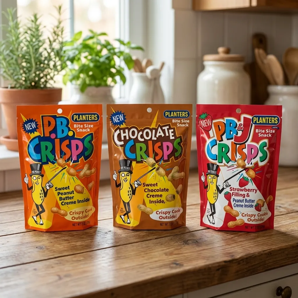 Trio of classic Planters snack bags including P.B. Crisps, Chocolate Crisps, and PB&J Crisps on a kitchen counter.