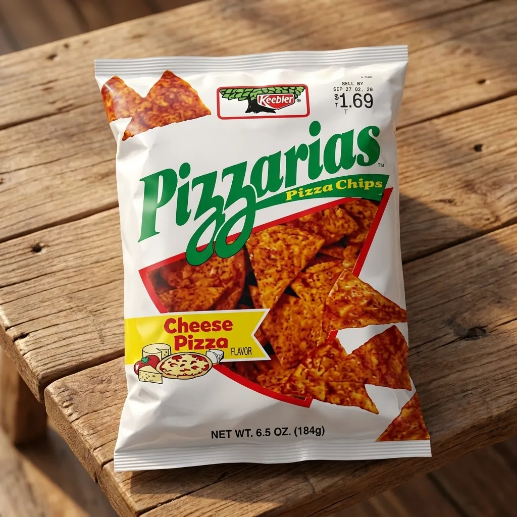 Retro packaging of Keebler Pizzarias Cheese Pizza flavor chips resting on an outdoor wooden table.