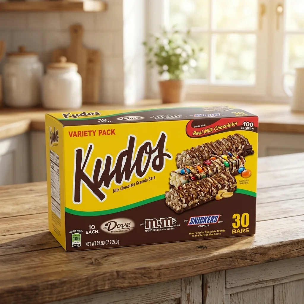 Classic yellow variety pack box of Kudos Milk Chocolate Granola Bars displayed on a wooden kitchen island.