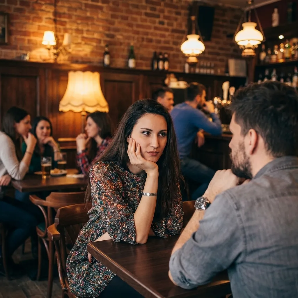 Bored brunette woman resting her chin on her hand, looking completely unengaged while a man speaks to her across a table in a dimly lit pub.