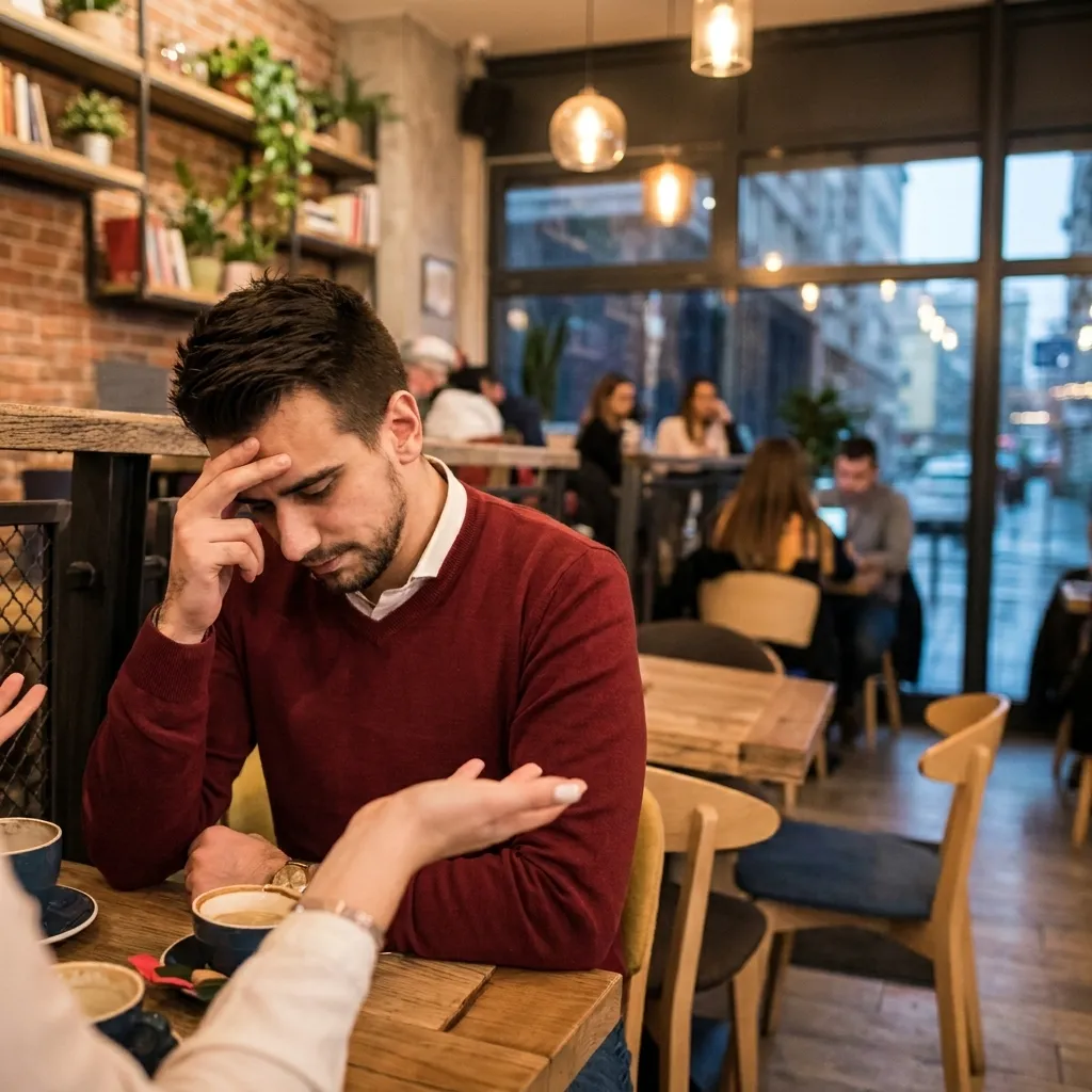 Stressed young man rubbing his forehead in frustration while listening to a woman's hand gesture during a tense conversation at a coffee shop table.
