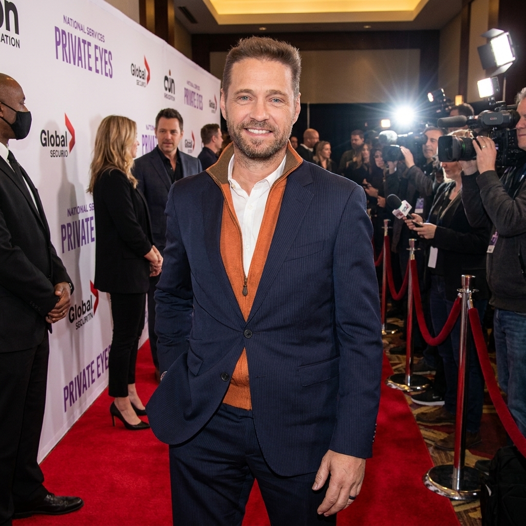 Actor Jason Priestley on the red carpet for the Private Eyes premiere wearing a navy blue blazer over an orange zip-up sweater