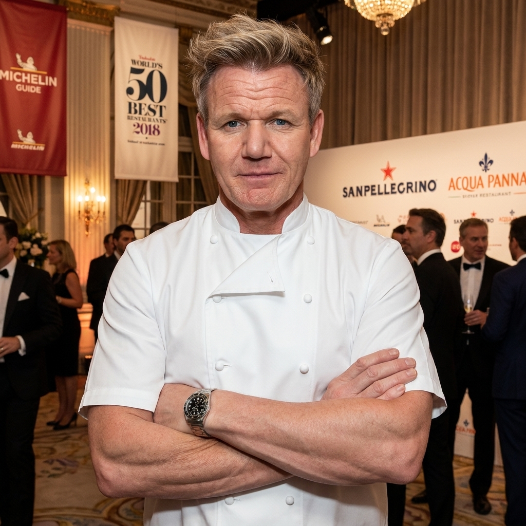 Celebrity Chef Gordon Ramsay posing with arms crossed in a white chef coat at the Michelin Guide and World's 50 Best Restaurants event