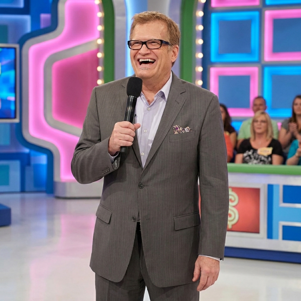 Game show host Drew Carey laughing with a microphone on The Price is Right set wearing a grey pinstripe suit