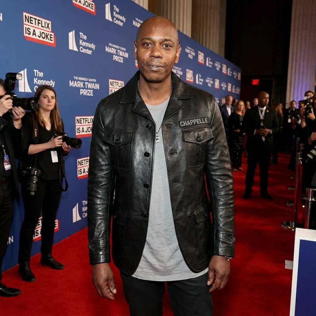 Comedian Dave Chappelle wearing a black leather jacket on the red carpet at the Netflix Is a Joke comedy festival
