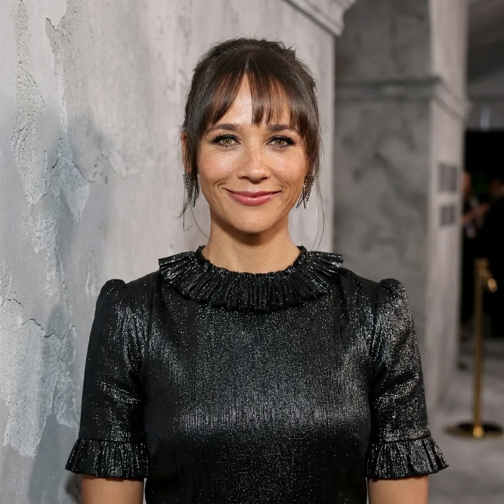 Rashida Jones smiling on the red carpet wearing a black short-sleeve metallic dress with a ruffled collar