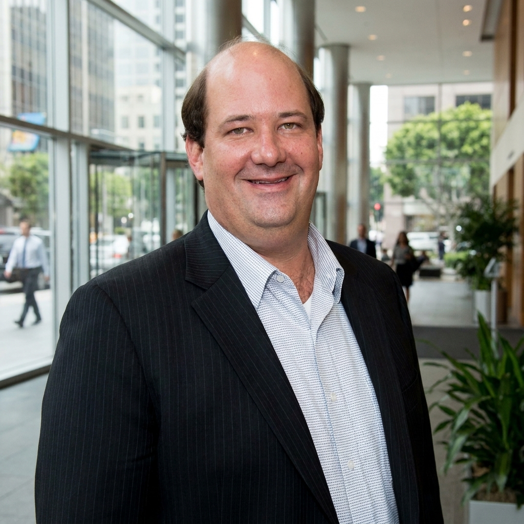 Actor Brian Baumgartner smiling in a black pinstripe suit standing in a modern glass office building lobby