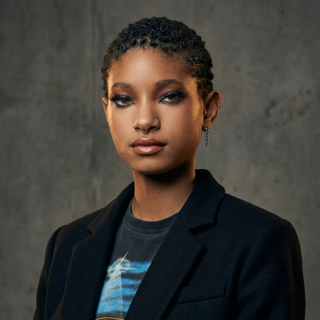 Musician Willow Smith posing for a portrait wearing a black blazer over a graphic tee with a short haircut and septum piercing