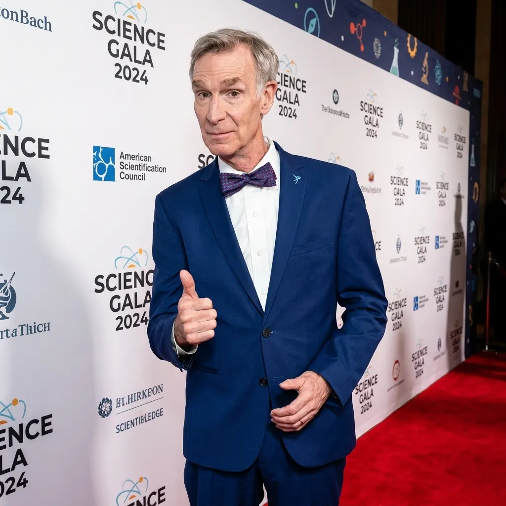 Bill Nye giving a thumbs up on the red carpet at the Science Gala 2024 wearing a blue suit and bow tie