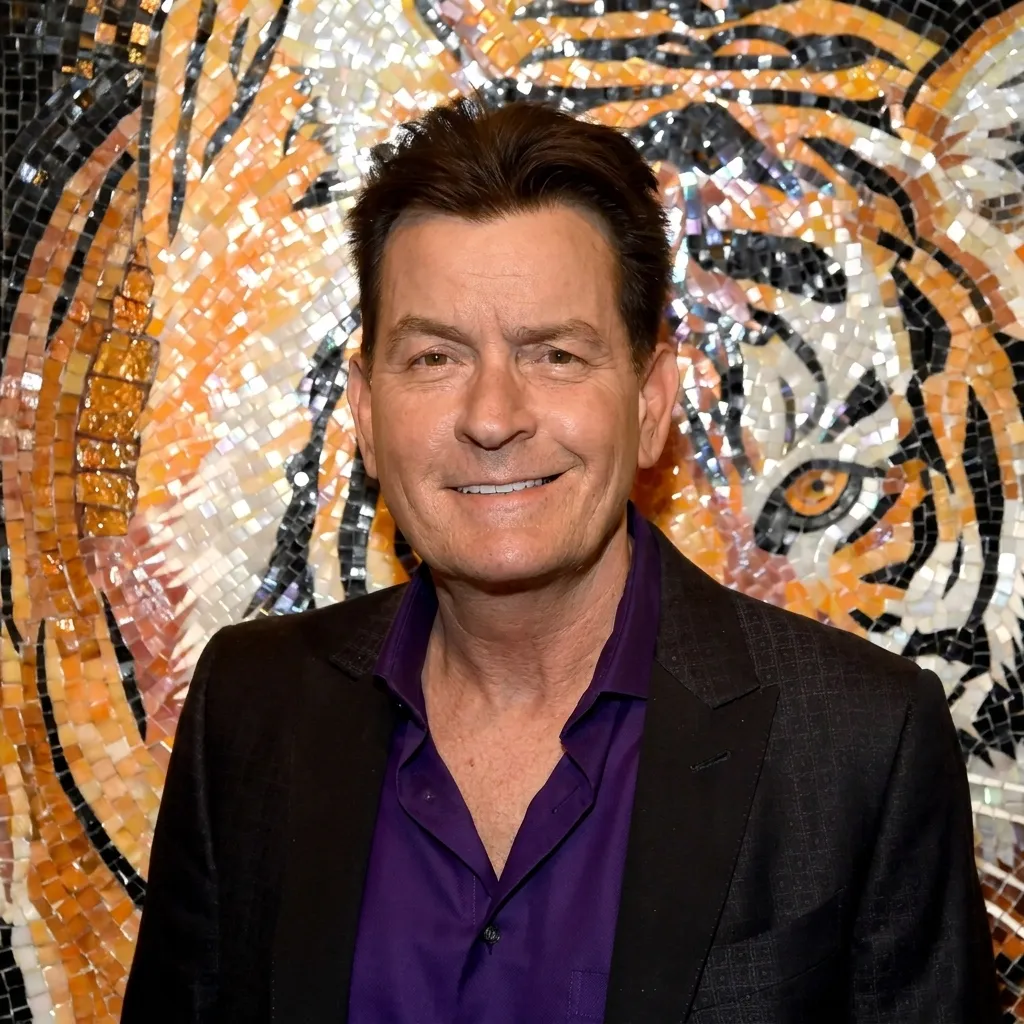 Actor Charlie Sheen posing in a purple button-down shirt and black suit jacket in front of a tiger mosaic art piece