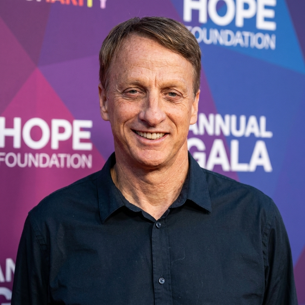 Tony Hawk smiling on the red carpet at the Hope Foundation Annual Gala wearing a dark navy button-down shirt