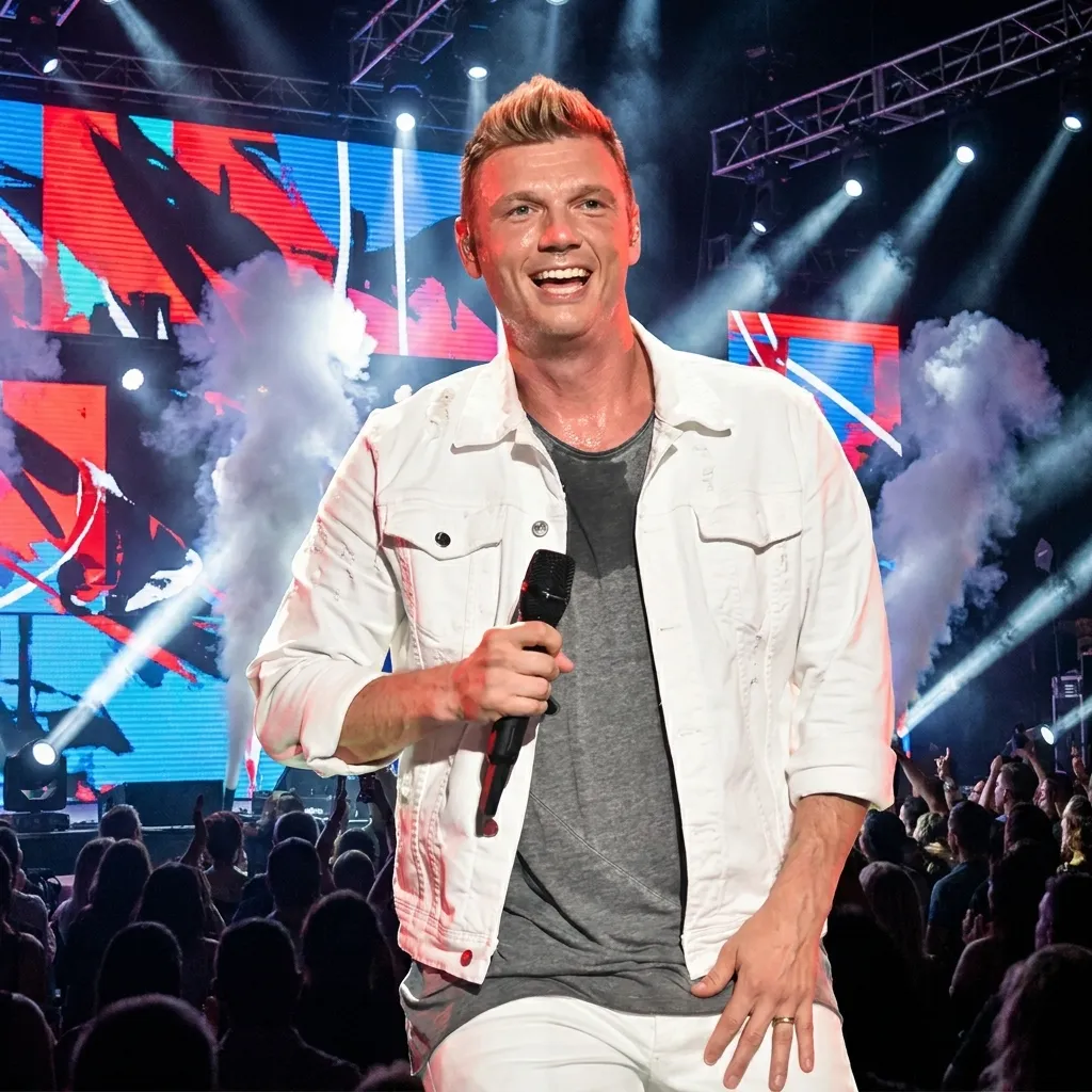 Nick Carter smiling and performing live on stage wearing a white denim jacket with stage smoke background