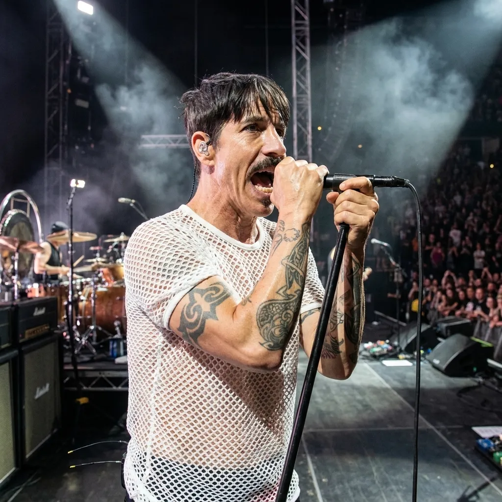 Anthony Kiedis of Red Hot Chili Peppers performing live on stage wearing a white mesh shirt and displaying arm tattoos