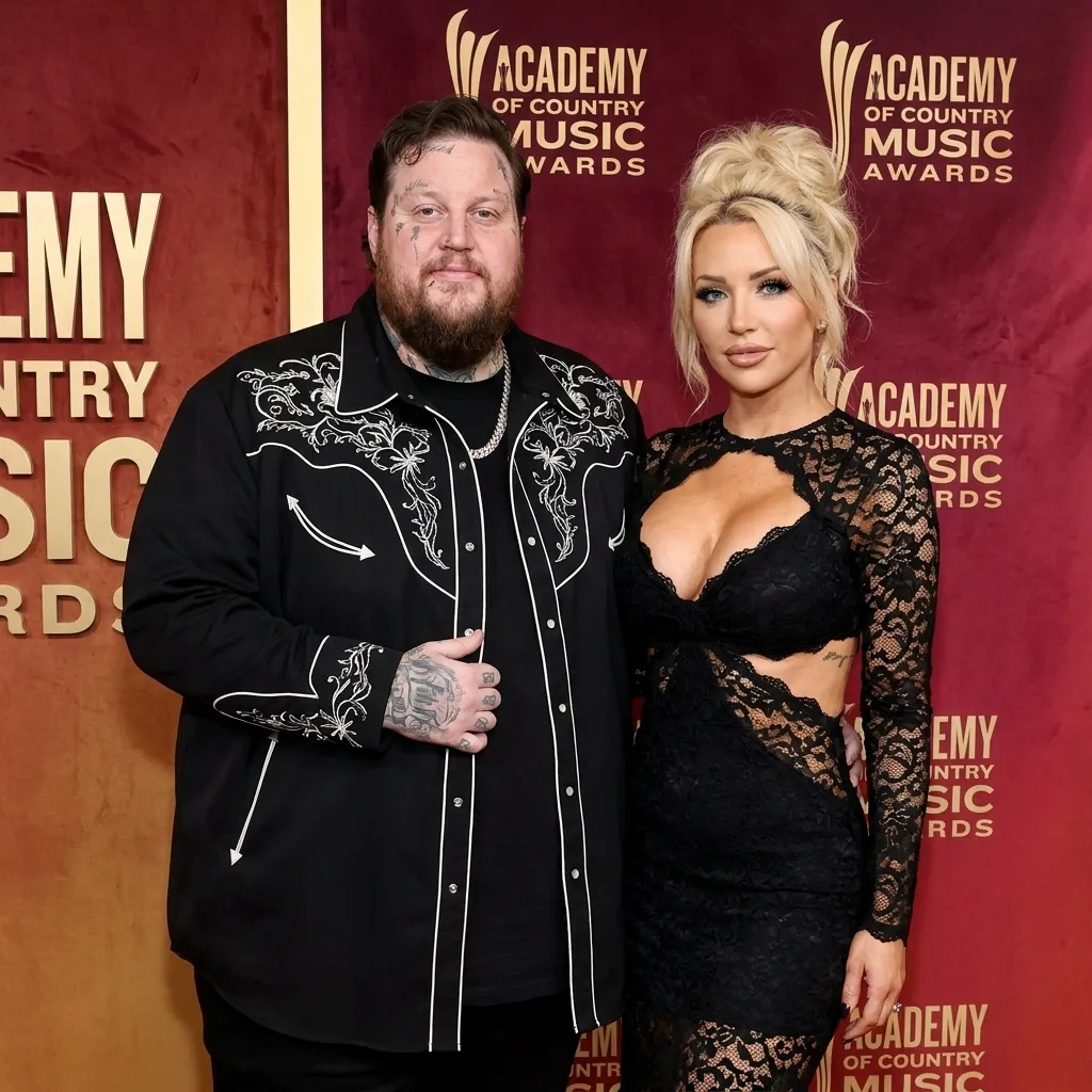 A closer waist-up shot of Jelly Roll and Bunnie XO at the Academy of Country Music Awards. Jelly Roll is in a black western shirt with white floral embroidery, and Bunnie XO is wearing a black lace dress with chest and side cutouts.