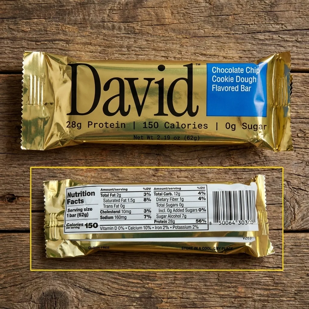 David chocolate chip cookie dough flavored protein bar in gold wrapper showing front design and back nutrition information
