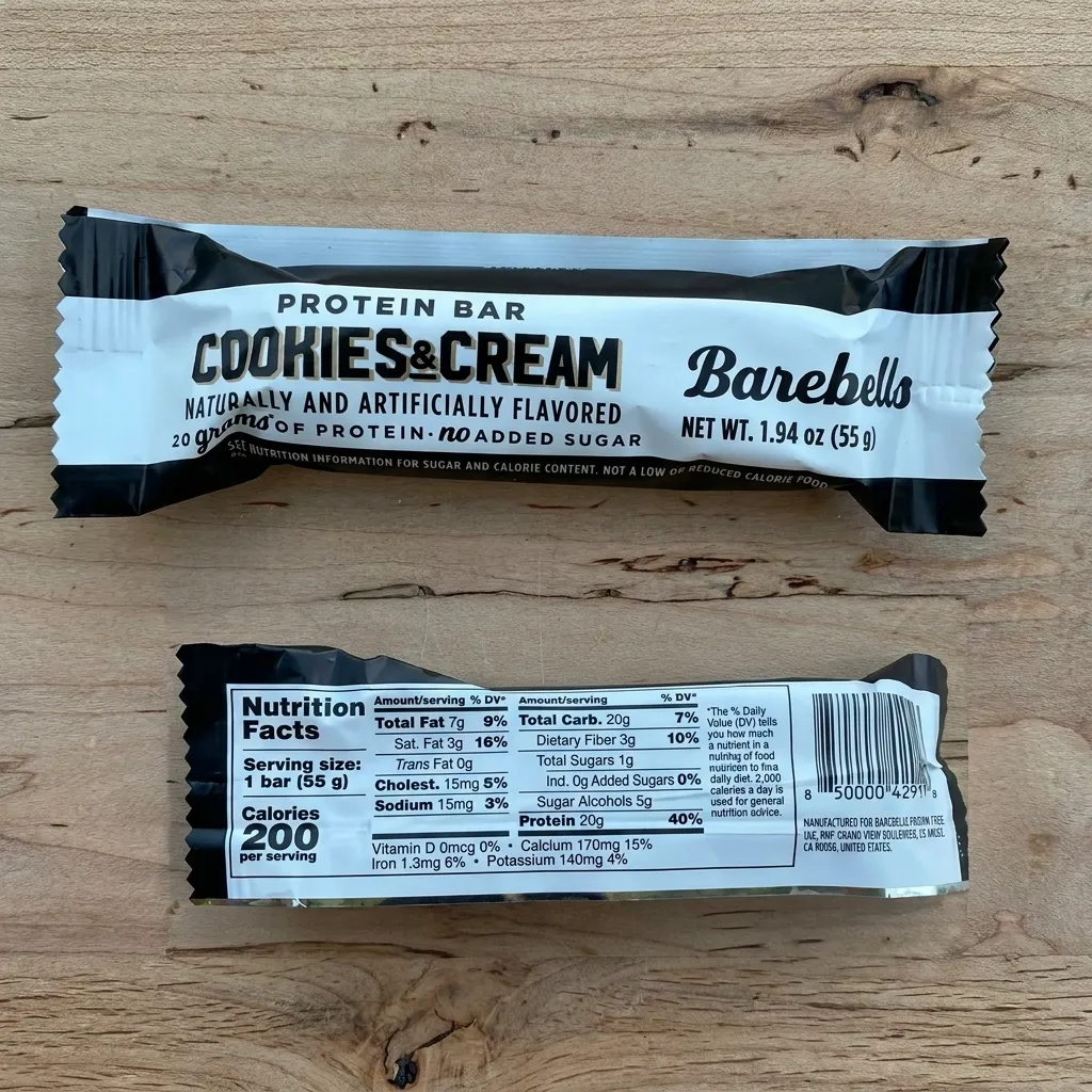 Barebells cookies and cream protein bar wrappers showing front branding and back nutrition facts with 20g of protein