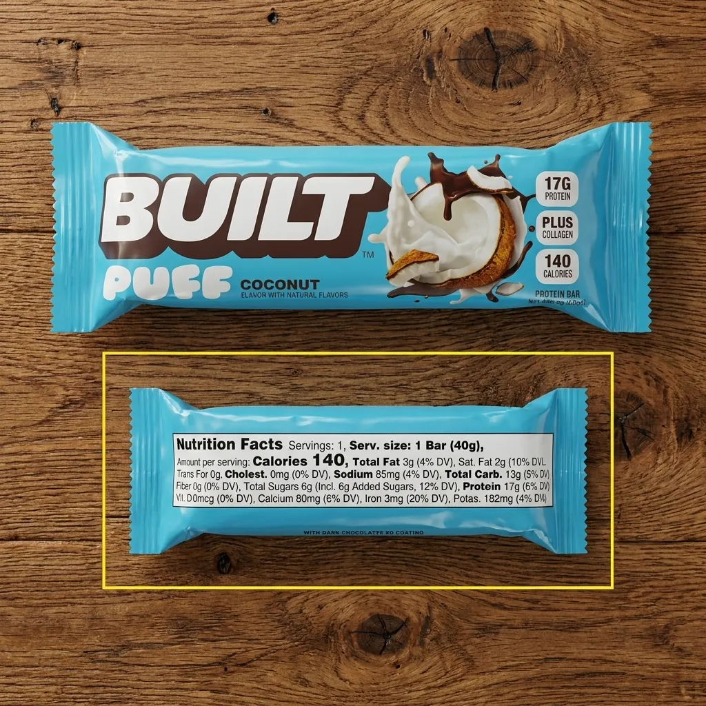 Built Puff coconut flavor protein bar in blue packaging displaying front design and back nutrition label on a wood surface